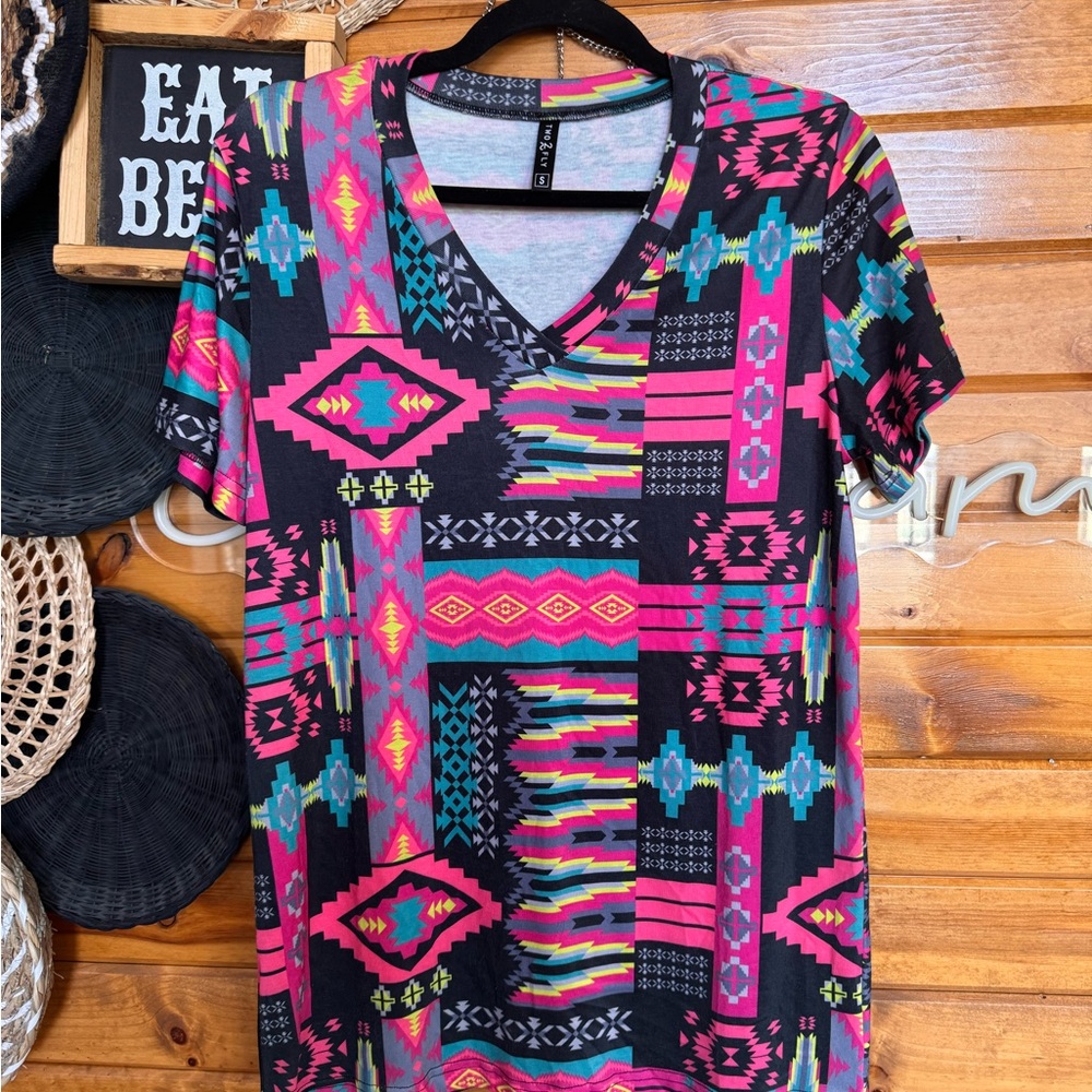 Vibrant Aztec Print V-Neck Tee